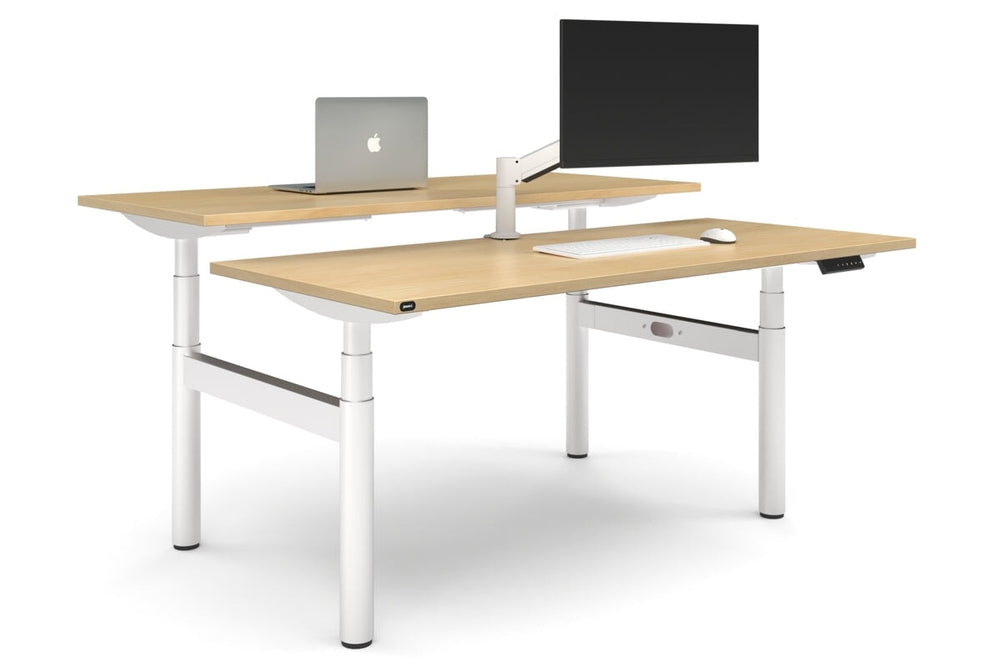 Flexi Premium Height Adjustable 2 Person H-Bench Workstation - White Frame [1800L x 700W]-maple none none