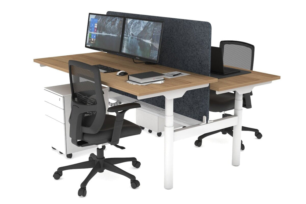 Flexi Premium Height Adjustable 2 Person H-Bench Workstation - White Frame [1800L x 700W]-salvage oak dark grey acoustic panel (820H x 1600W) white cable tray