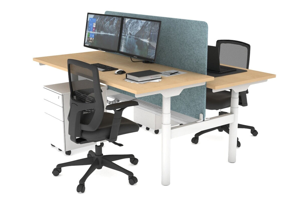 Flexi Premium Height Adjustable 2 Person H-Bench Workstation - White Frame [1800L x 700W]-maple blue acoustic panel (820H x 1600W) white cable tray