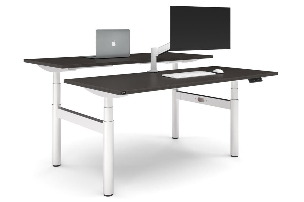 Flexi Premium Height Adjustable 2 Person H-Bench Workstation - White Frame [1800L x 700W]-dark oak none none