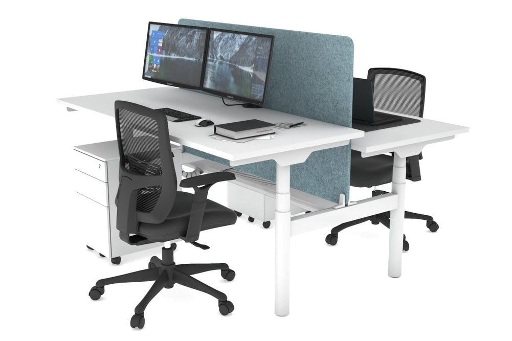 Flexi Premium Height Adjustable 2 Person H-Bench Workstation - White Frame [1800L x 700W]-white blue acoustic panel (820H x 1600W) white cable tray