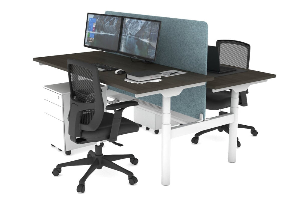 Flexi Premium Height Adjustable 2 Person H-Bench Workstation - White Frame [1800L x 700W]-dark oak blue acoustic panel (820H x 1600W) white cable tray