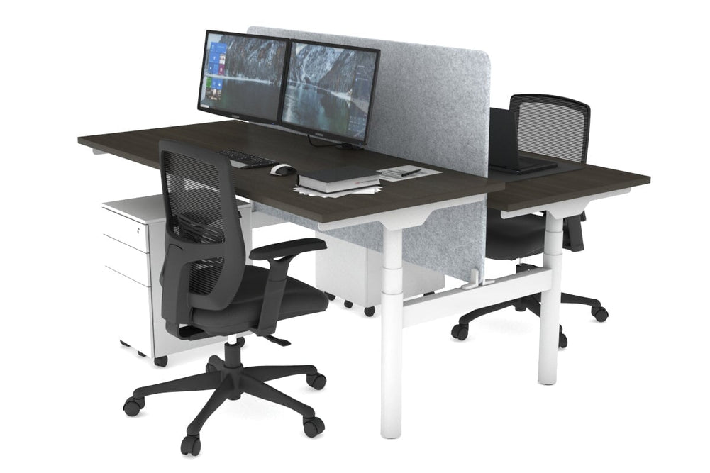 Flexi Premium Height Adjustable 2 Person H-Bench Workstation - White Frame [1800L x 700W]-dark oak light grey acoustic panel (820H x 1600W) none