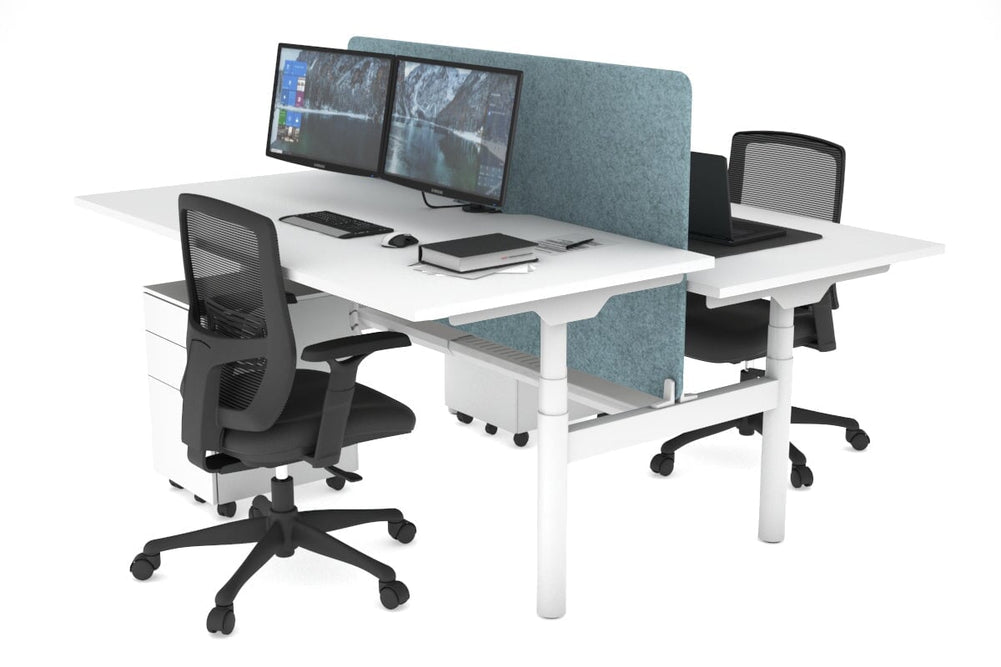 Flexi Premium Height Adjustable 2 Person H-Bench Workstation - White Frame [1800L x 800W with Cable Scallop]-white blue acoustic panel (820H x 1600W) white cable tray