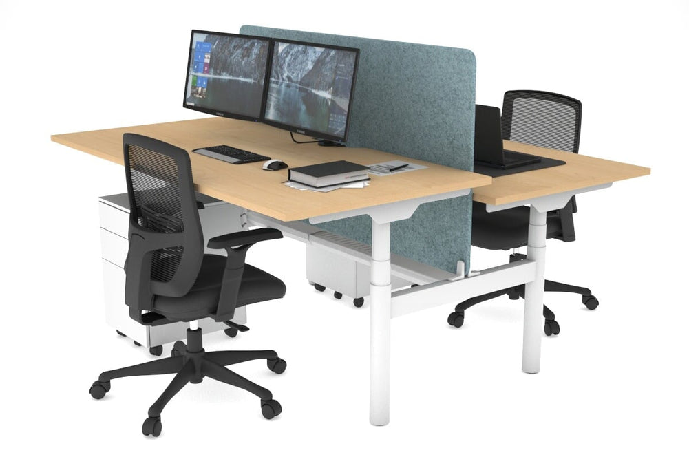Flexi Premium Height Adjustable 2 Person H-Bench Workstation - White Frame [1800L x 800W with Cable Scallop]-maple blue acoustic panel (820H x 1600W) white cable tray
