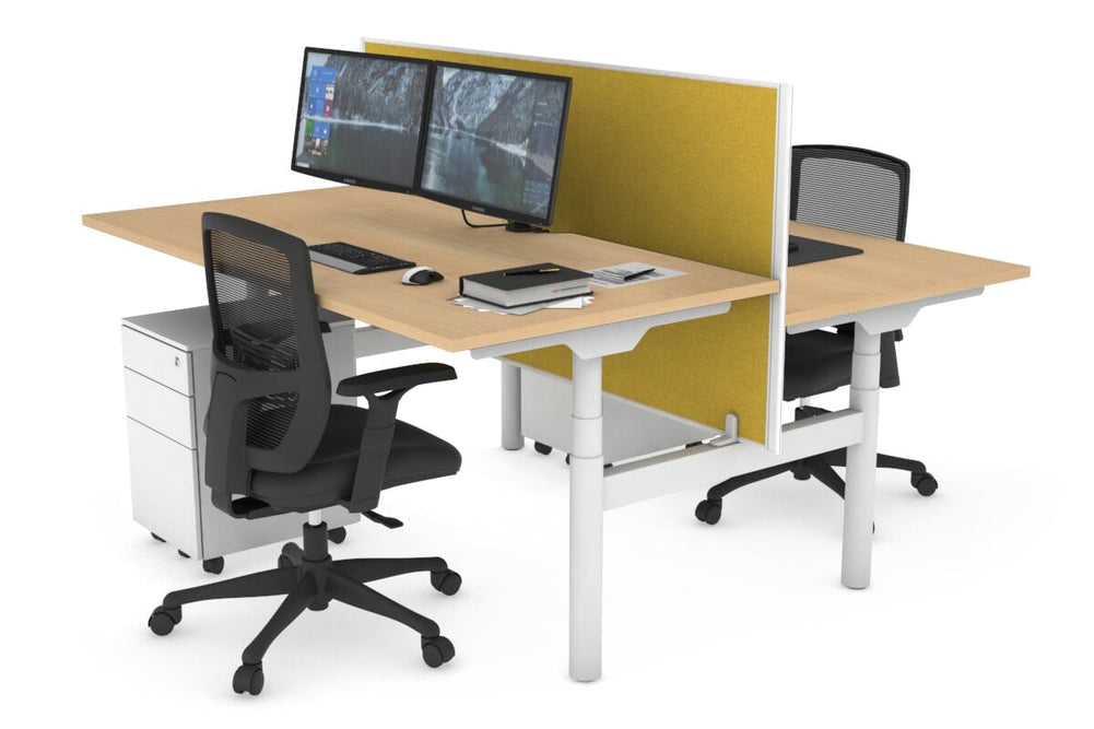 Flexi Premium Height Adjustable 2 Person H-Bench Workstation - White Frame [1800L x 800W with Cable Scallop]-maple mustard yellow (820H x 1800W) none