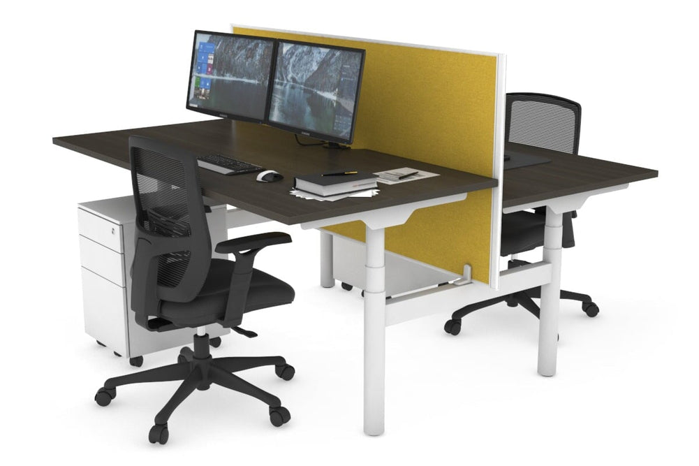 Flexi Premium Height Adjustable 2 Person H-Bench Workstation - White Frame [1800L x 800W with Cable Scallop]-dark oak mustard yellow (820H x 1800W) none