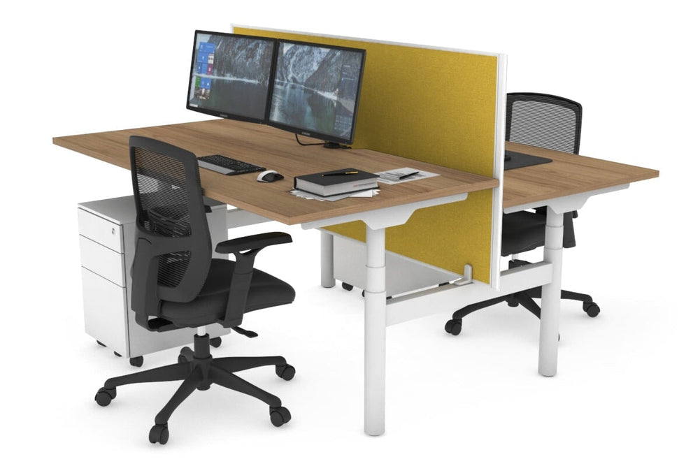 Flexi Premium Height Adjustable 2 Person H-Bench Workstation - White Frame [1800L x 800W with Cable Scallop]-salvage oak mustard yellow (820H x 1800W) none