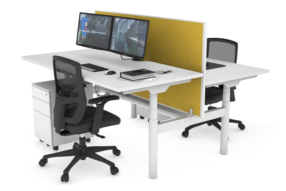 Flexi Premium Height Adjustable 2 Person H-Bench Workstation - White Frame [1800L x 800W with Cable Scallop]-white mustard yellow (820H x 1800W) white cable tray