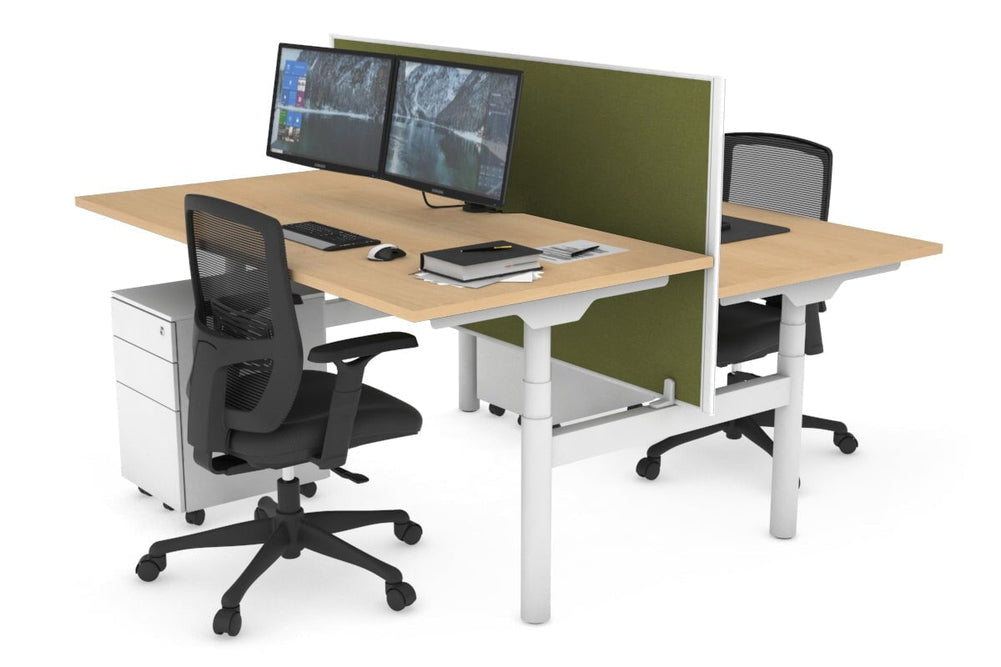 Flexi Premium Height Adjustable 2 Person H-Bench Workstation - White Frame [1800L x 800W with Cable Scallop]-maple green moss (820H x 1800W) none