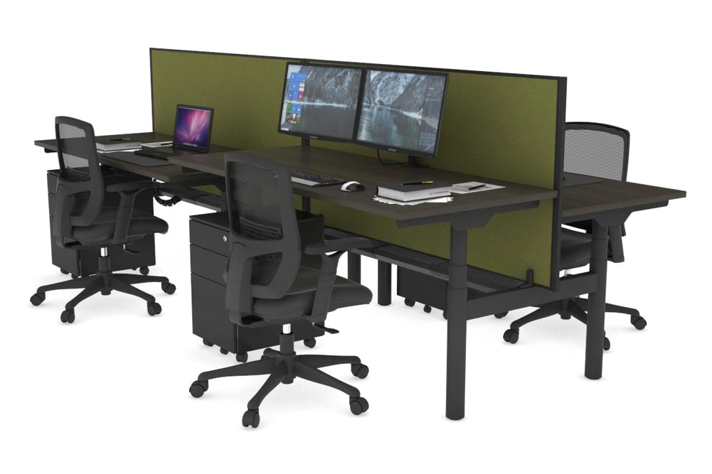Flexi Premium Height Adjustable 4 Person H-Bench Workstation - Black Frame [1200L x 700W]-dark oak green moss (820H x 1200W) black cable tray
