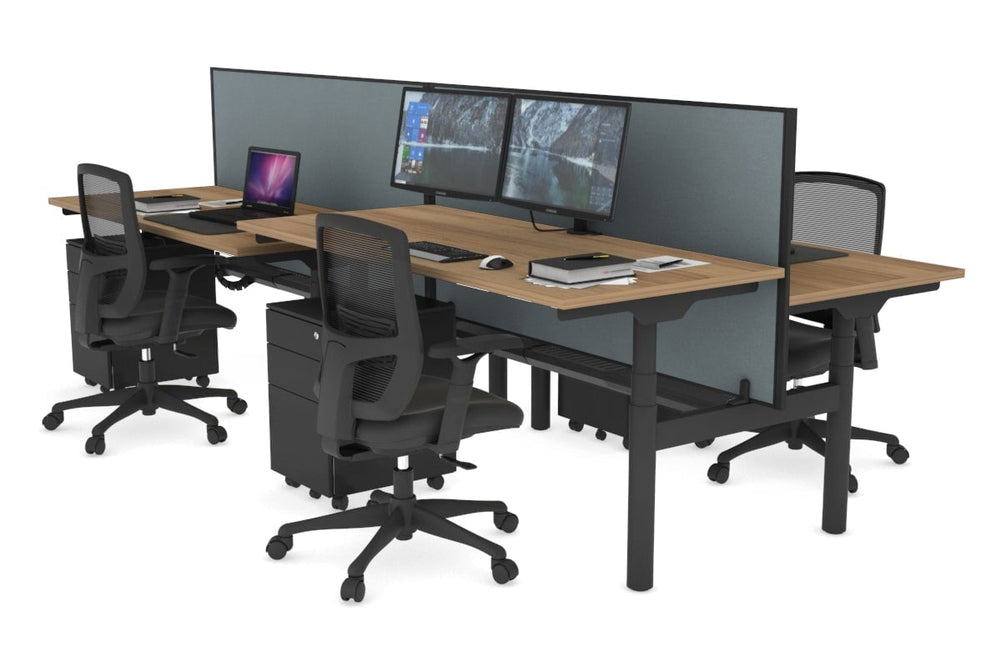 Flexi Premium Height Adjustable 4 Person H-Bench Workstation - Black Frame [1200L x 700W]-salvage oak cool grey (820H x 1200W) black cable tray