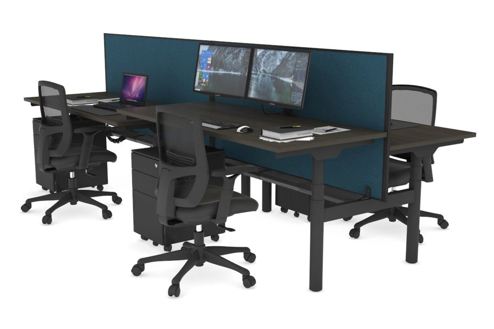 Flexi Premium Height Adjustable 4 Person H-Bench Workstation - Black Frame [1200L x 700W]-dark oak deep blue (820H x 1200W) black cable tray