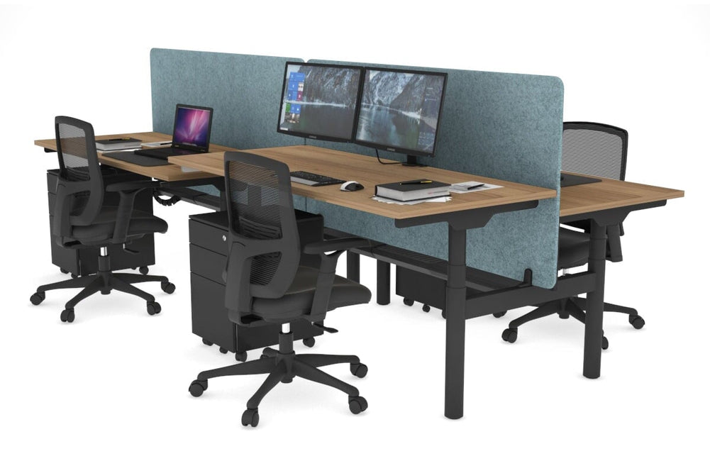 Flexi Premium Height Adjustable 4 Person H-Bench Workstation - Black Frame [1200L x 700W]-salvage oak blue acoustic panel (820H x 1200W) black cable tray
