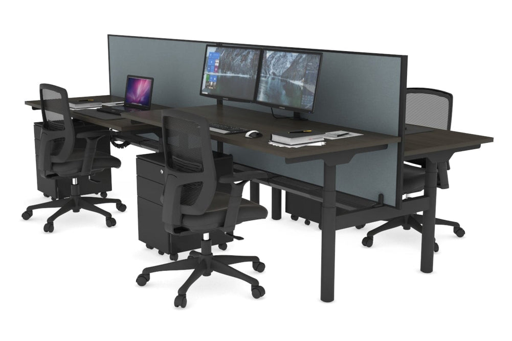 Flexi Premium Height Adjustable 4 Person H-Bench Workstation - Black Frame [1200L x 700W]-dark oak cool grey (820H x 1200W) black cable tray