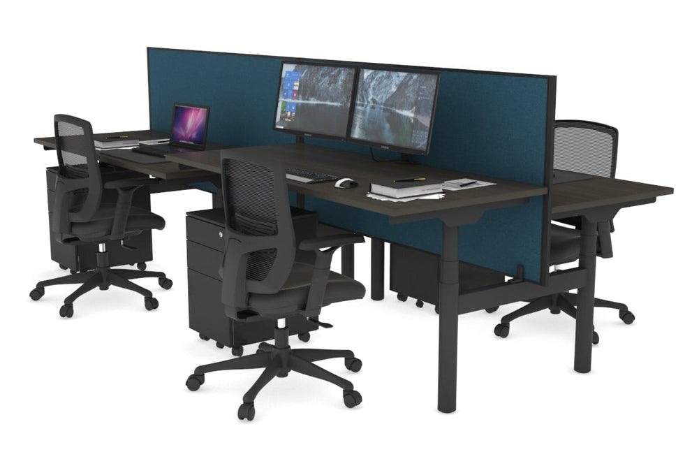 Flexi Premium Height Adjustable 4 Person H-Bench Workstation - Black Frame [1200L x 700W]-dark oak deep blue (820H x 1200W) none