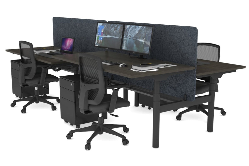 Flexi Premium Height Adjustable 4 Person H-Bench Workstation - Black Frame [1200L x 800W with Cable Scallop]-dark oak dark grey acoustic panel (820H x 1200W) black cable tray