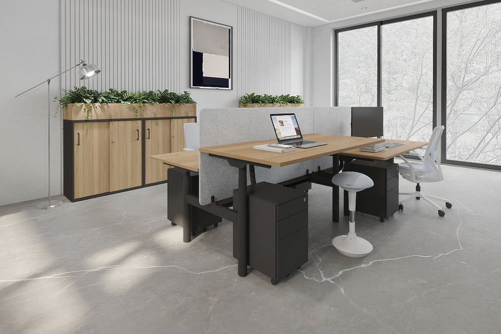 Flexi Premium Height Adjustable 4 Person H-Bench Workstation - Black Frame [1200L x 800W with Cable Scallop]-dark oak moody charchoal (820H x 1200W) black cable tray