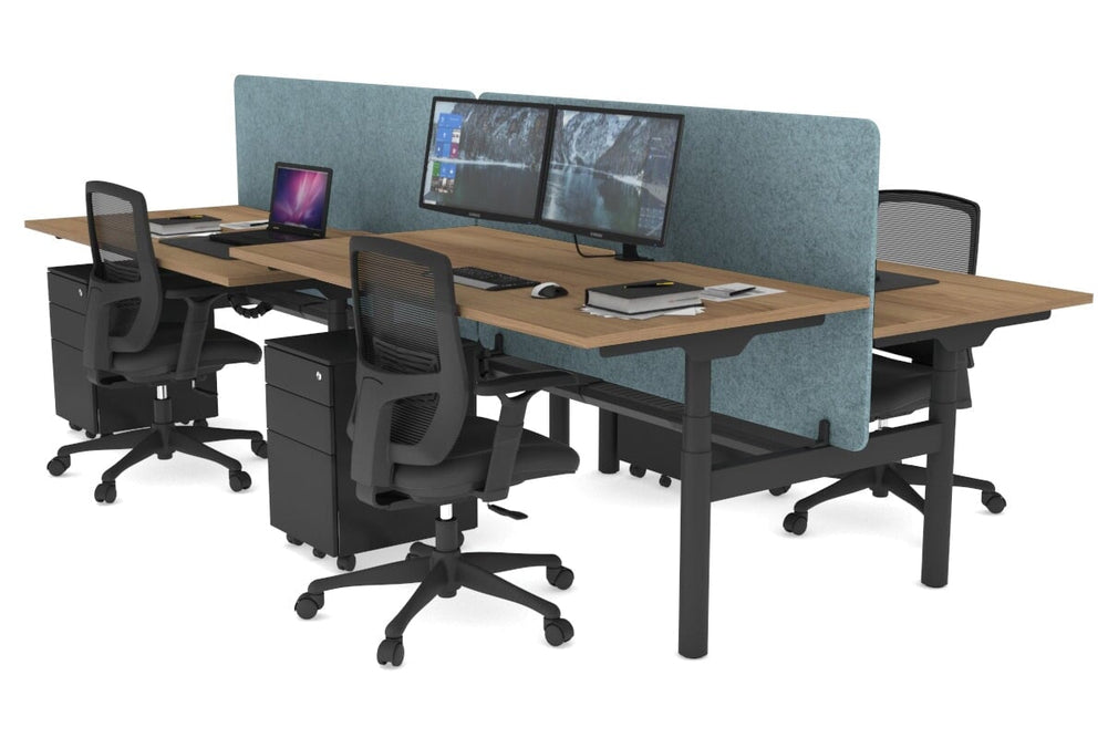 Flexi Premium Height Adjustable 4 Person H-Bench Workstation - Black Frame [1200L x 800W with Cable Scallop]-salvage oak blue acoustic panel (820H x 1200W) black cable tray