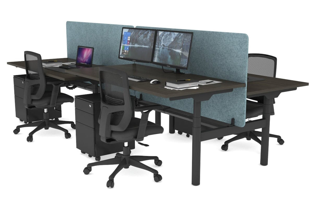 Flexi Premium Height Adjustable 4 Person H-Bench Workstation - Black Frame [1200L x 800W with Cable Scallop]-dark oak blue acoustic panel (820H x 1200W) black cable tray