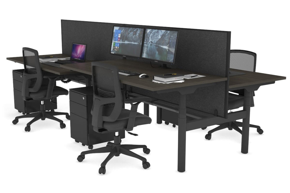 Flexi Premium Height Adjustable 4 Person H-Bench Workstation - Black Frame [1200L x 800W with Cable Scallop]-dark oak moody charchoal (820H x 1200W) black cable tray
