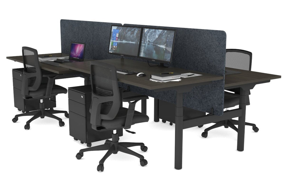 Flexi Premium Height Adjustable 4 Person H-Bench Workstation - Black Frame [1200L x 800W with Cable Scallop]-dark oak dark grey acoustic panel (820H x 1200W) none