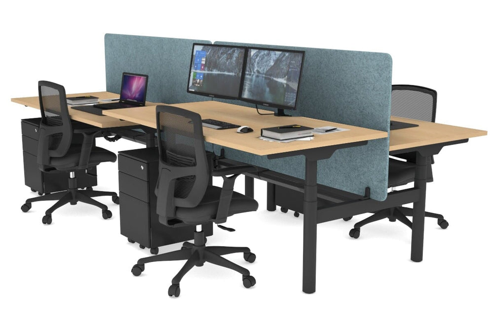 Flexi Premium Height Adjustable 4 Person H-Bench Workstation - Black Frame [1200L x 800W with Cable Scallop]-maple blue acoustic panel (820H x 1200W) black cable tray