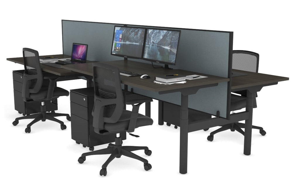 Flexi Premium Height Adjustable 4 Person H-Bench Workstation - Black Frame [1200L x 800W with Cable Scallop]-dark oak cool grey (820H x 1200W) none