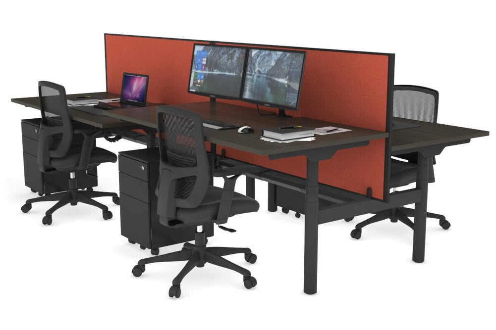 Flexi Premium Height Adjustable 4 Person H-Bench Workstation - Black Frame [1200L x 800W with Cable Scallop]-dark oak orange squash (820H x 1200W) black cable tray