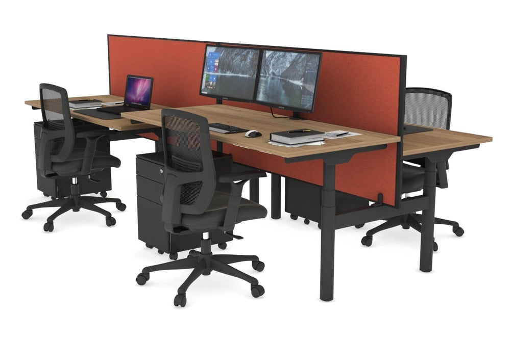 Flexi Premium Height Adjustable 4 Person H-Bench Workstation - Black Frame [1400L x 700W]-salvage oak orange squash (820H x 1400W) none