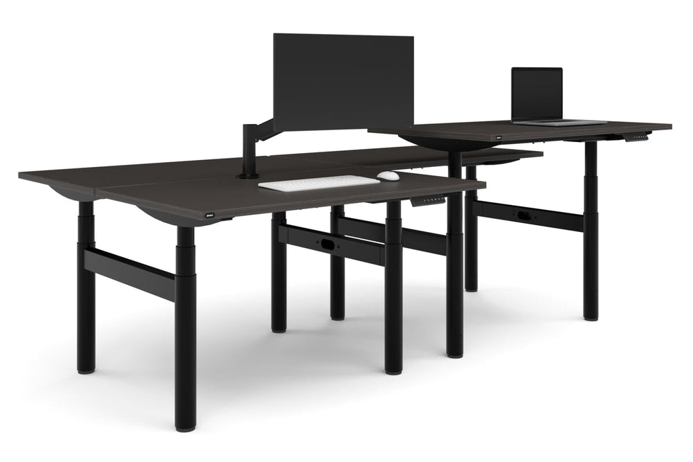 Flexi Premium Height Adjustable 4 Person H-Bench Workstation - Black Frame [1400L x 700W]-dark oak none none