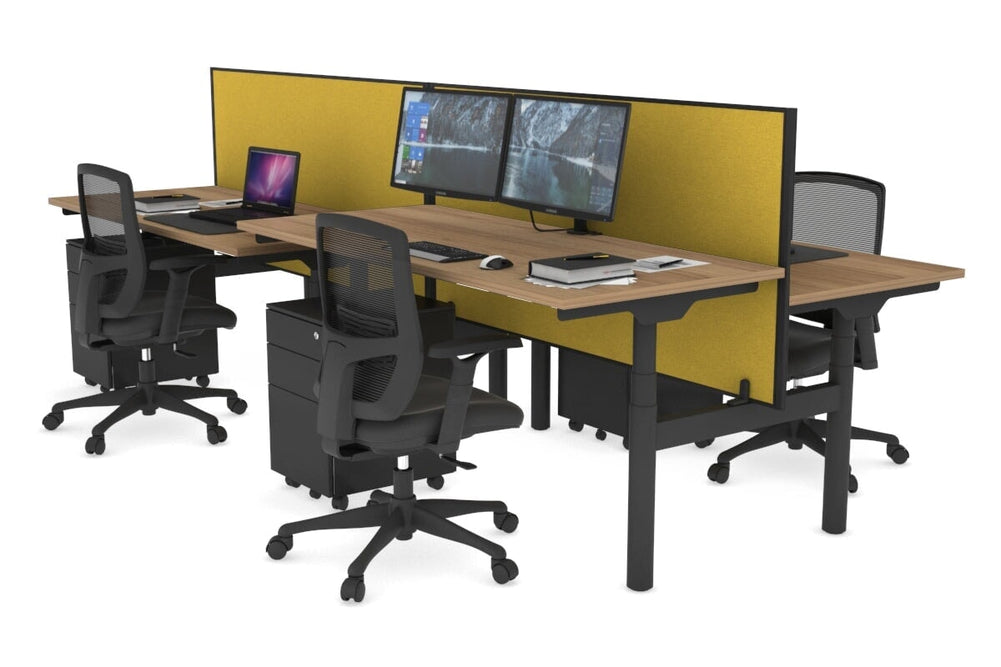 Flexi Premium Height Adjustable 4 Person H-Bench Workstation - Black Frame [1400L x 700W]-salvage oak mustard yellow (820H x 1400W) none