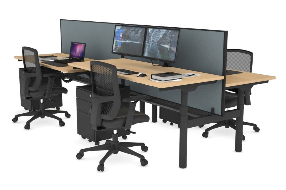 Flexi Premium Height Adjustable 4 Person H-Bench Workstation - Black Frame [1400L x 700W]-maple cool grey (820H x 1400W) black cable tray
