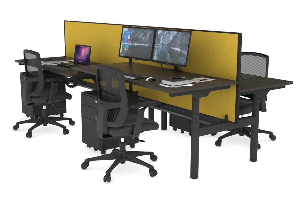 Flexi Premium Height Adjustable 4 Person H-Bench Workstation - Black Frame [1400L x 700W]-dark oak mustard yellow (820H x 1400W) black cable tray