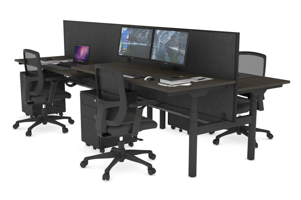 Flexi Premium Height Adjustable 4 Person H-Bench Workstation - Black Frame [1400L x 700W]-dark oak moody charchoal (820H x 1400W) black cable tray