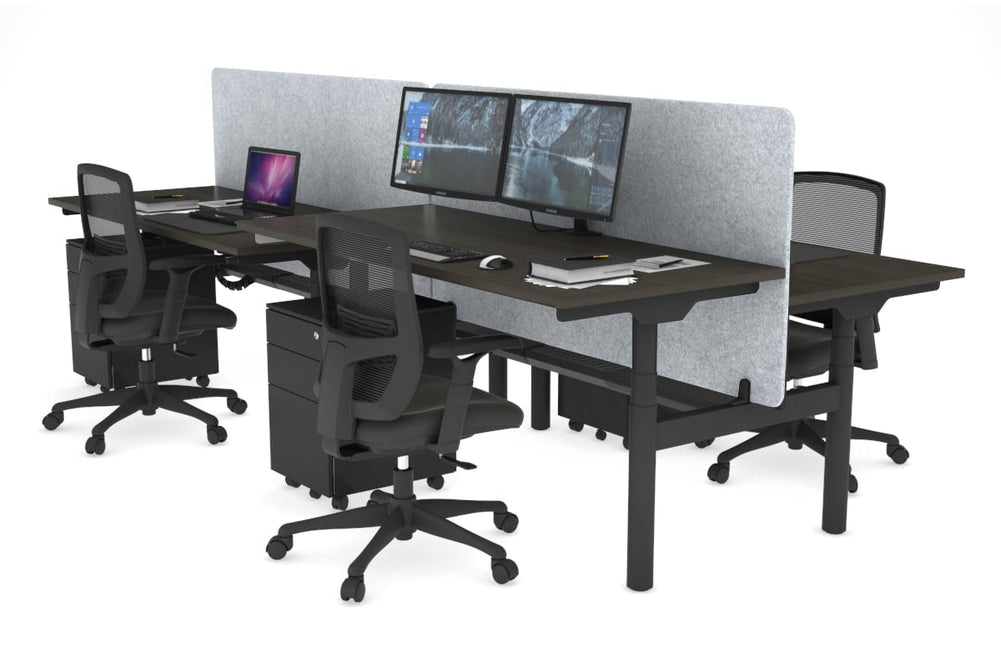 Flexi Premium Height Adjustable 4 Person H-Bench Workstation - Black Frame [1400L x 700W]-dark oak light grey acoustic panel (820H x 1400W) black cable tray