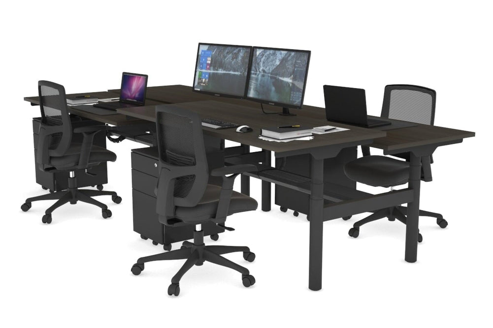 Flexi Premium Height Adjustable 4 Person H-Bench Workstation - Black Frame [1400L x 700W]-dark oak none black cable tray