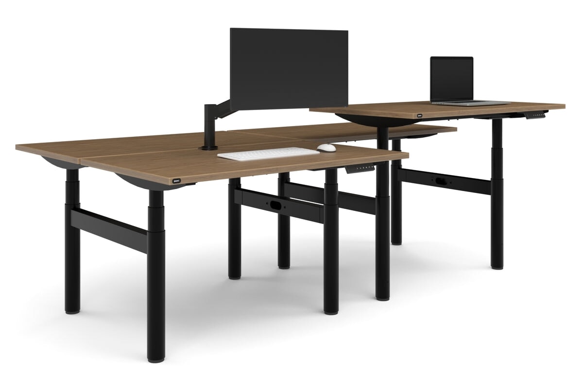 Flexi Premium Height Adjustable 4 Person H-Bench Workstation - Black Frame [1400L x 700W]-salvage oak none none