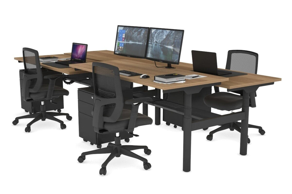 Flexi Premium Height Adjustable 4 Person H-Bench Workstation - Black Frame [1400L x 700W]-salvage oak none black cable tray