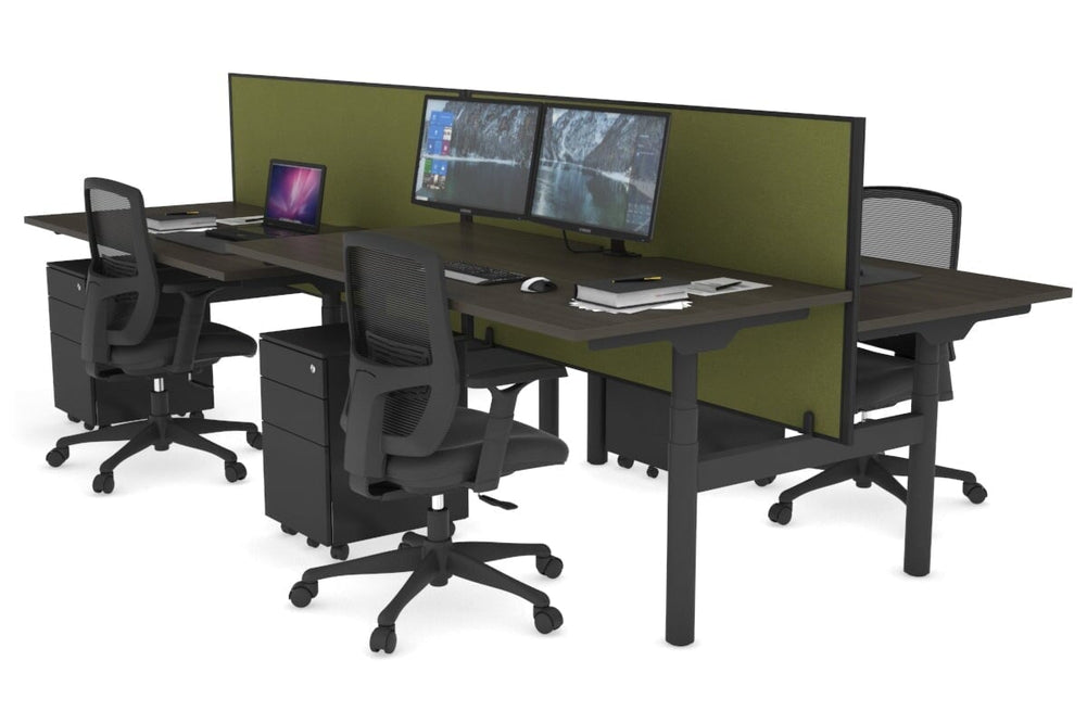 Flexi Premium Height Adjustable 4 Person H-Bench Workstation - Black Frame [1400L x 800W with Cable Scallop]-dark oak green moss (820H x 1400W) none
