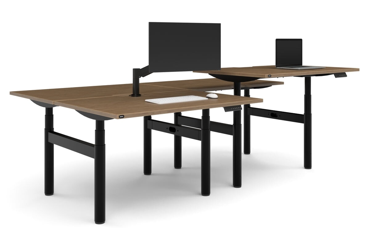 Flexi Premium Height Adjustable 4 Person H-Bench Workstation - Black Frame [1400L x 800W with Cable Scallop]-salvage oak none none