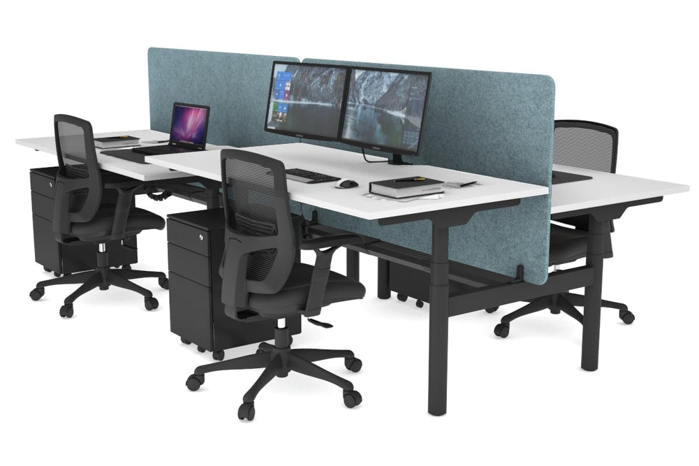 Flexi Premium Height Adjustable 4 Person H-Bench Workstation - Black Frame [1400L x 800W with Cable Scallop]-white blue acoustic panel (820H x 1400W) black cable tray