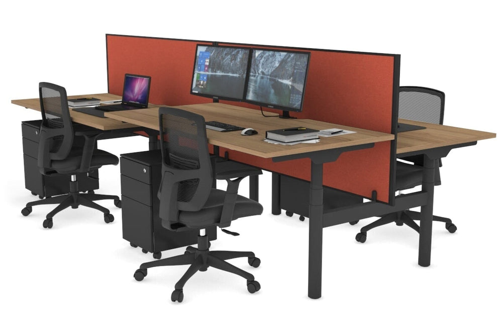 Flexi Premium Height Adjustable 4 Person H-Bench Workstation - Black Frame [1400L x 800W with Cable Scallop]-salvage oak orange squash (820H x 1400W) none