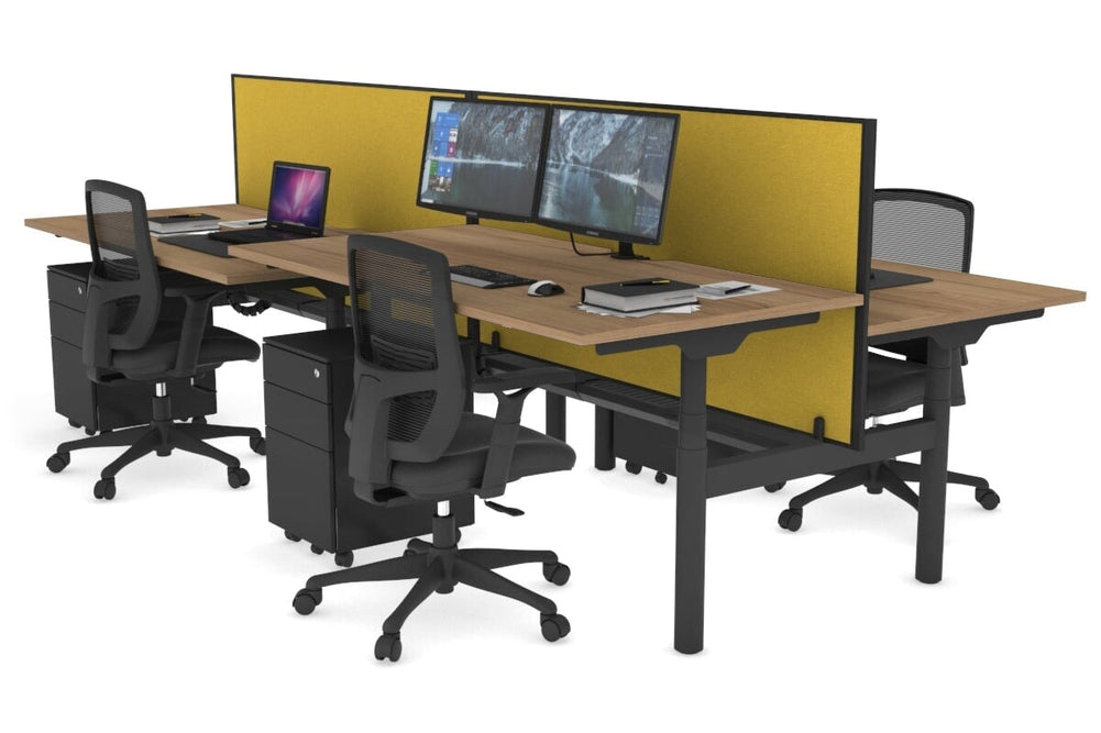 Flexi Premium Height Adjustable 4 Person H-Bench Workstation - Black Frame [1400L x 800W with Cable Scallop]-salvage oak mustard yellow (820H x 1400W) black cable tray