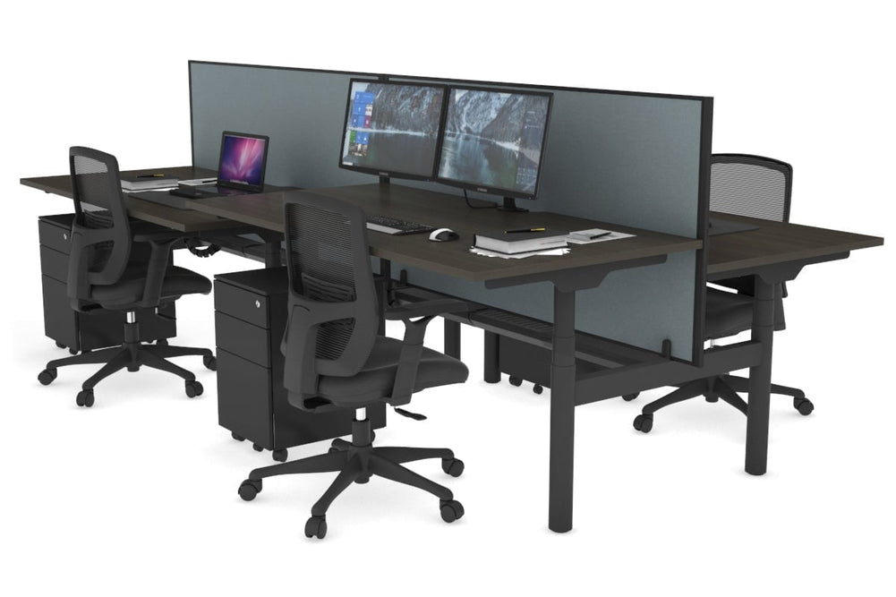 Flexi Premium Height Adjustable 4 Person H-Bench Workstation - Black Frame [1400L x 800W with Cable Scallop]-dark oak cool grey (820H x 1400W) black cable tray