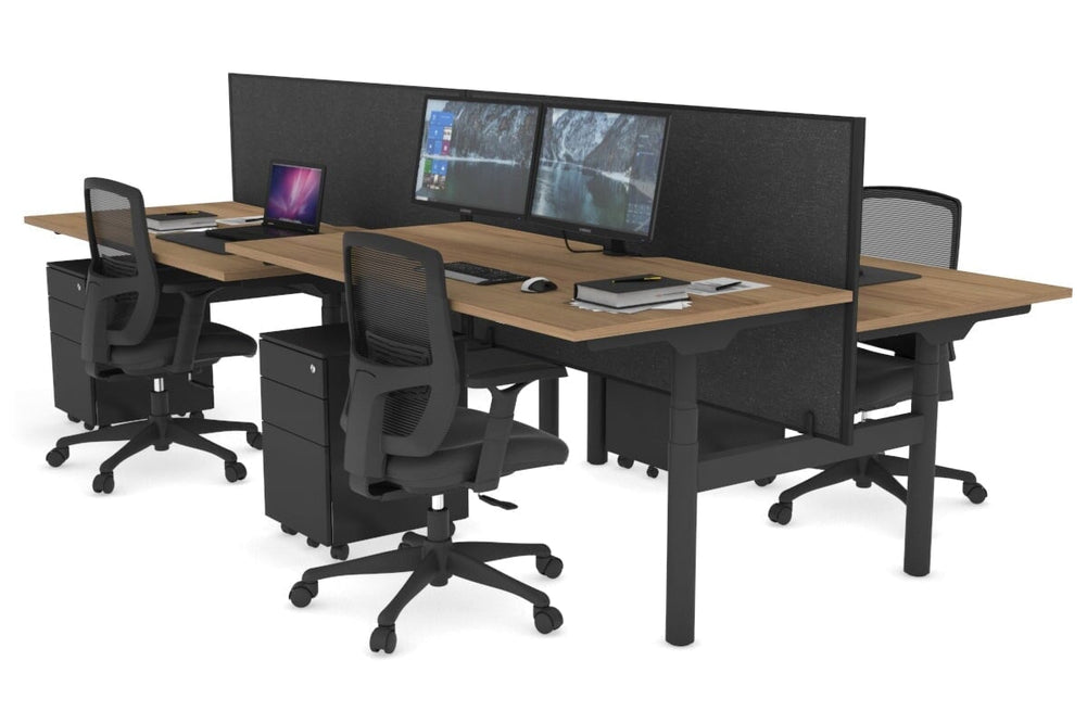 Flexi Premium Height Adjustable 4 Person H-Bench Workstation - Black Frame [1400L x 800W with Cable Scallop]-salvage oak moody charchoal (820H x 1400W) none