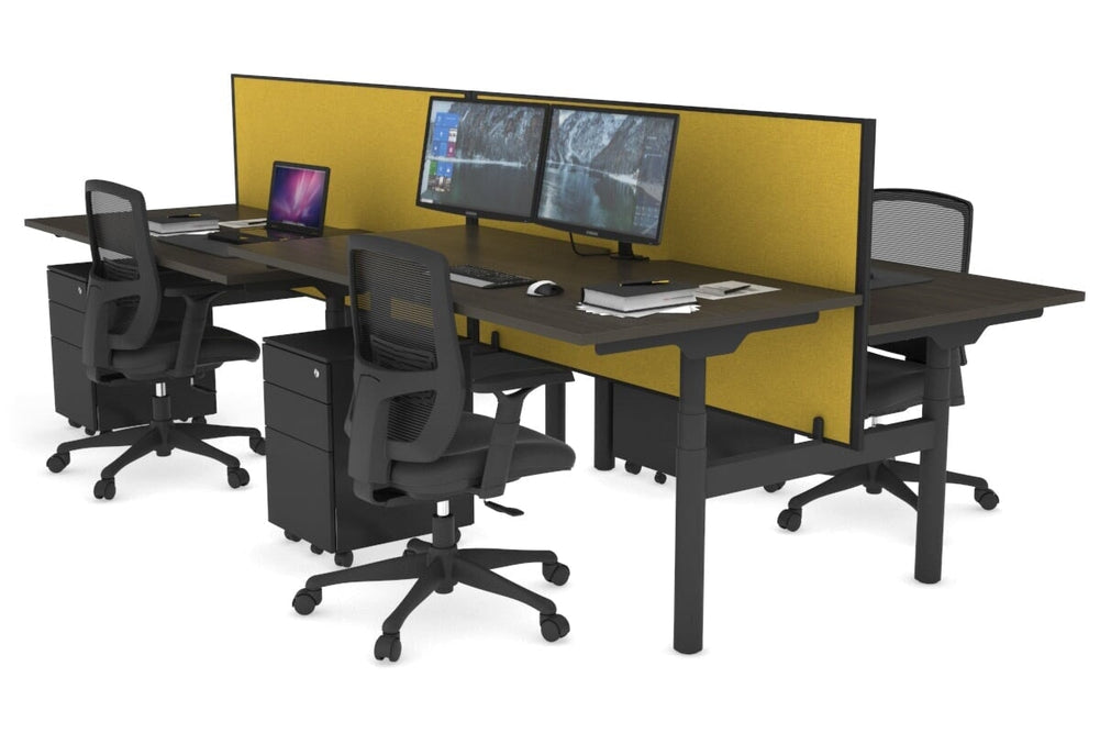 Flexi Premium Height Adjustable 4 Person H-Bench Workstation - Black Frame [1400L x 800W with Cable Scallop]-dark oak mustard yellow (820H x 1400W) none