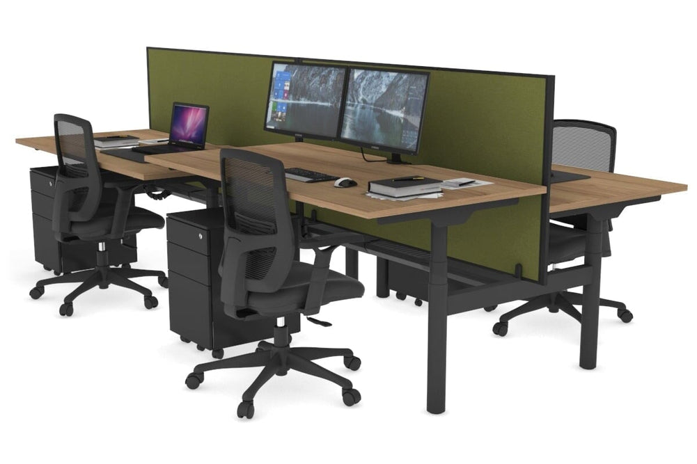 Flexi Premium Height Adjustable 4 Person H-Bench Workstation - Black Frame [1400L x 800W with Cable Scallop]-salvage oak green moss (820H x 1400W) black cable tray
