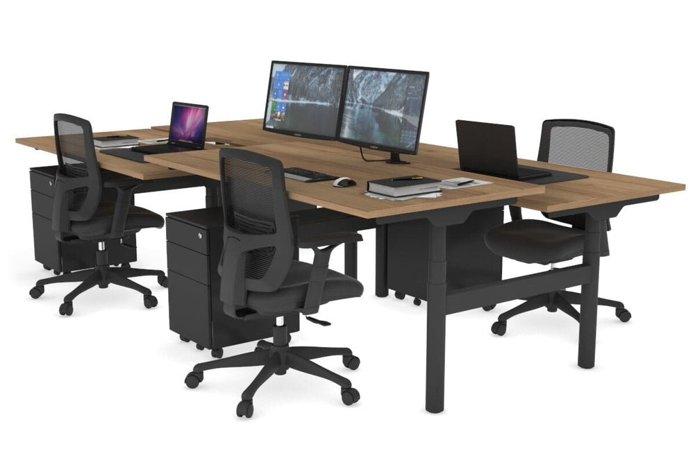Flexi Premium Height Adjustable 4 Person H-Bench Workstation - Black Frame [1400L x 800W with Cable Scallop]-salvage oak none none
