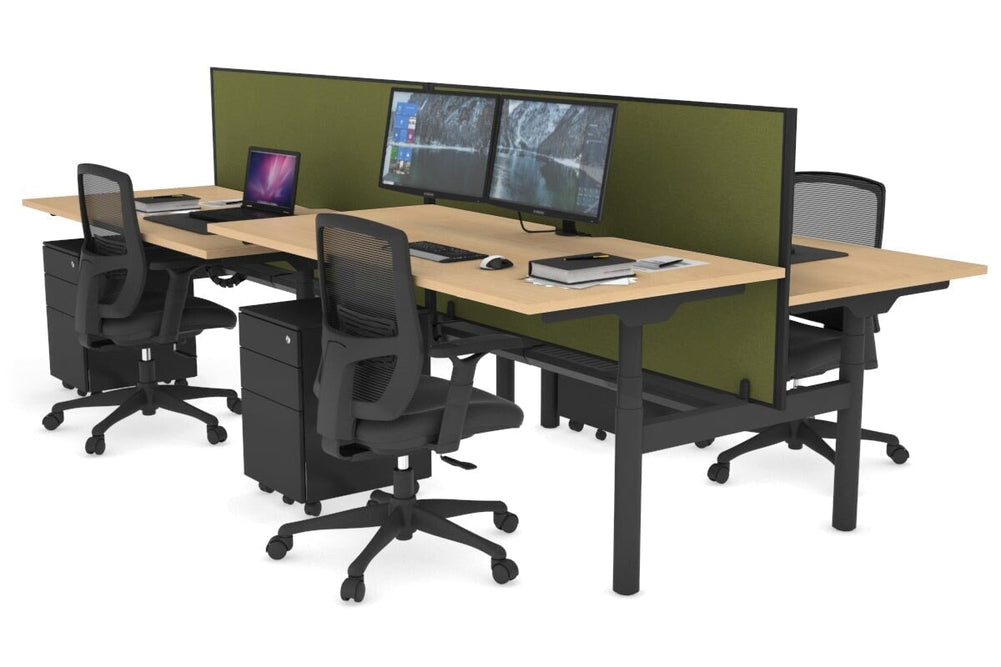 Flexi Premium Height Adjustable 4 Person H-Bench Workstation - Black Frame [1400L x 800W with Cable Scallop]-maple green moss (820H x 1400W) black cable tray